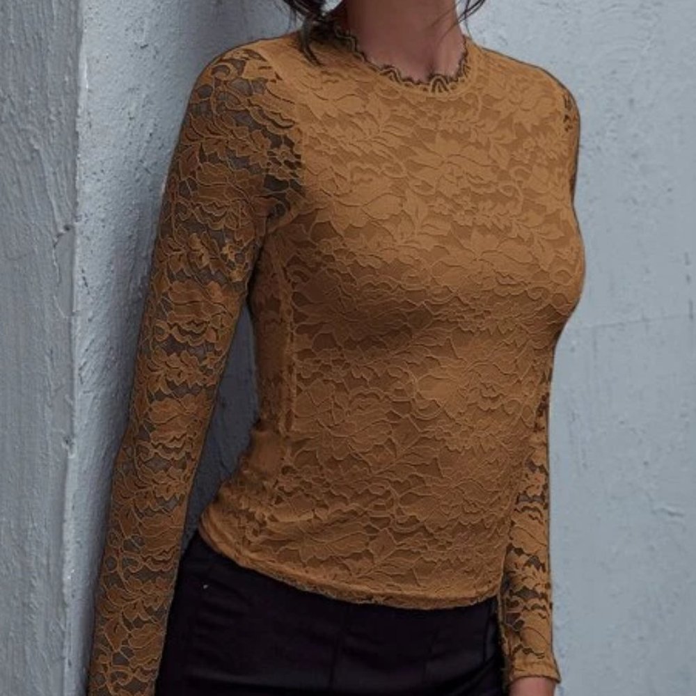 Brown Lace Long Sleeve Top in L - Picture 3 of 3